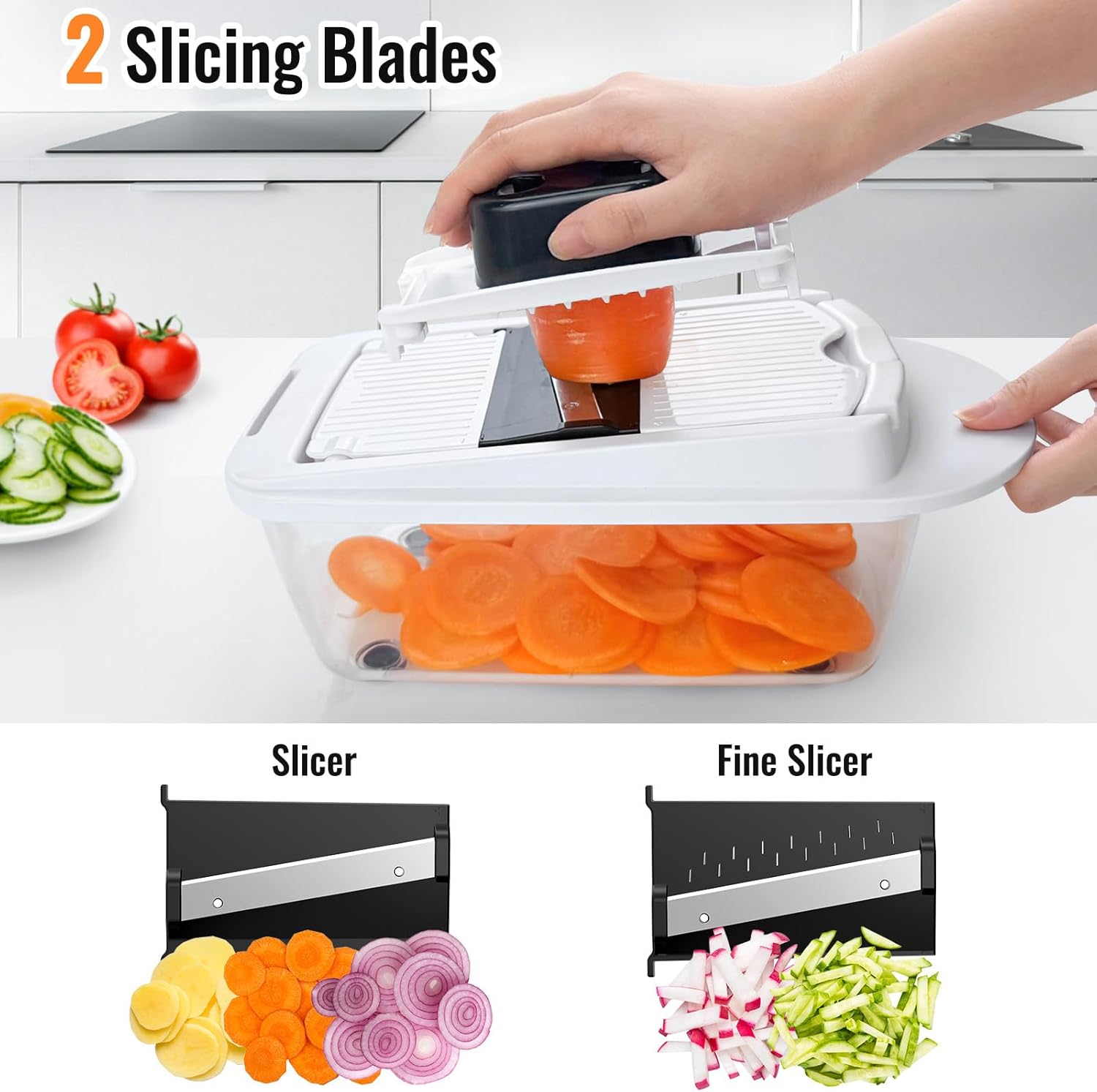 Skiennix 8-Blade Vegetable Chopper - All-in-One Mandoline Slicer with Container for Effortless Salad Prep | White