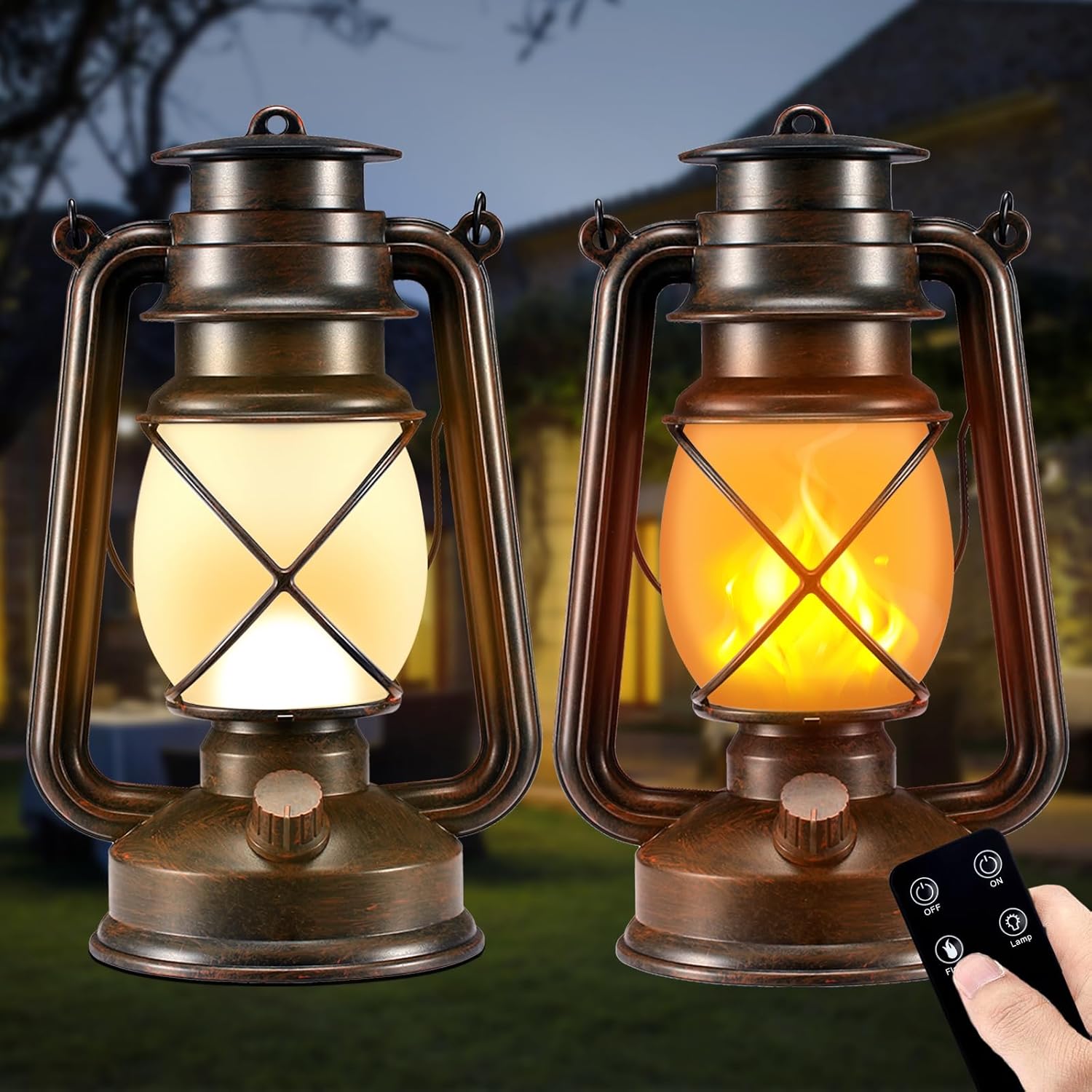 Skiennix LED Vintage Lanterns - Battery-Powered Decorative Lights with Remote Control | 2-Pack Bronze