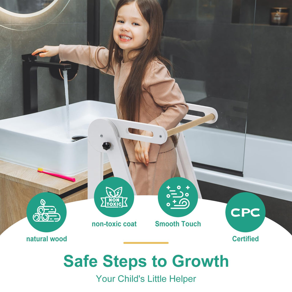 Foldable Toddler Tower, Kitchen Stool Helper, Standing Tower with 3 Adjustable Heights and Non-Slip-Strips, Kitchen Tower for Kids 1.5-6 Years, Montessori Stool for Counter Sink (White)