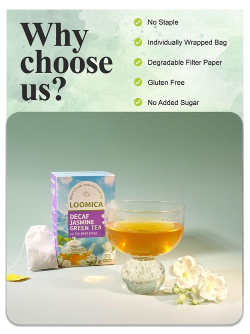 LOOMICA Decaf Jasmine Green Tea, Decaffeinated, Smooth & Refreshing Jasmine Green Tea Bags, Naturally Fragrant with Fresh Blossoms, Perfect for Relaxation & Daily Enjoyment, 20 Counts