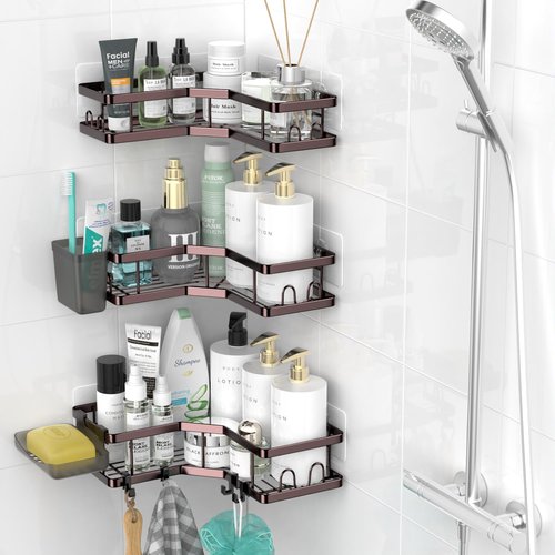 AKTECKE Corner Shower Caddy Organizer - Adhesive No-Drill Rack for Bathtub | 3-Pack Rustproof Shelves