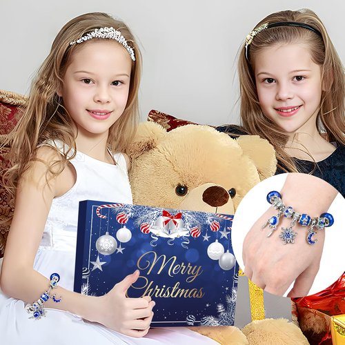 MOVINPE Advent Calendar Charm Bracelet 2025 for Teenage Girls Women, 24 Days Jewelry Necklace Bracelets Making Kit - Christmas Countdown Gifts for Teen Girl Daughter, Girlfriend, Wife, Mom (Royal Blue)