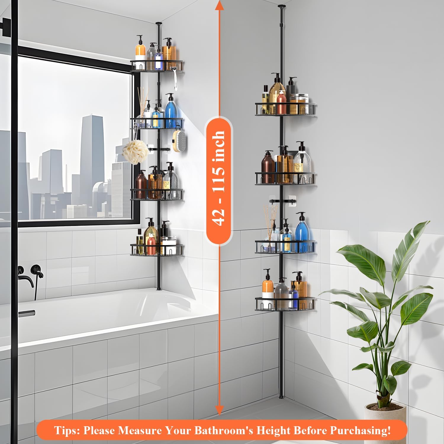 Skiennix 4-Tier Rustproof Corner Shower Caddy - Adjustable Height 42-115 Inch Bathroom Organizer | Black