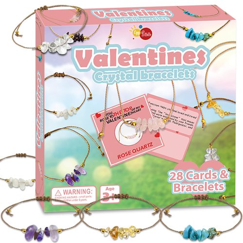 EggSun 28 Packs Valentines Day Gifts for Kids Classroom with Cards Crystal Bracelets for Classroom Gift Exchange Prizes Kit, Valentine's Party Favors Toys for School Exchange Gifts Greeting Cards