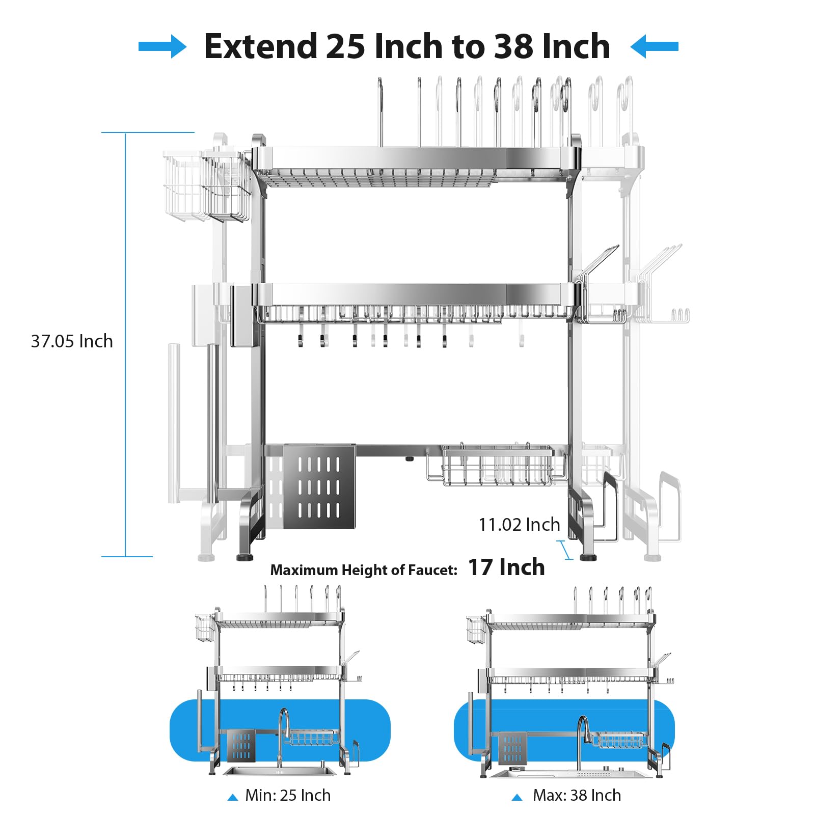 Shrivee Over The Sink Dish Drainer Drying Rack, Full Stainless Steel 3-Tier Adjustable Length Over Sink Dish Drying Rack, Large Capacity Dish Rack Over Sink for Kitchen Counter, Pots & Pans Rack