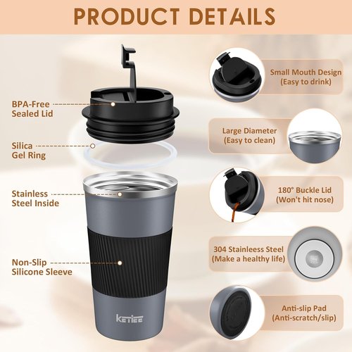 KETIEE Travel Coffee Mug - Spill Proof 12oz Insulated Stainless Steel Tumbler for Hot/Iced Drinks | Grey