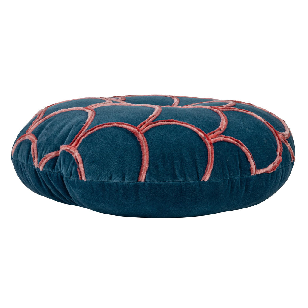 18 Inches Round Cotton Pillow with Tufted Scallop Pattern, Navy Blue and Pink