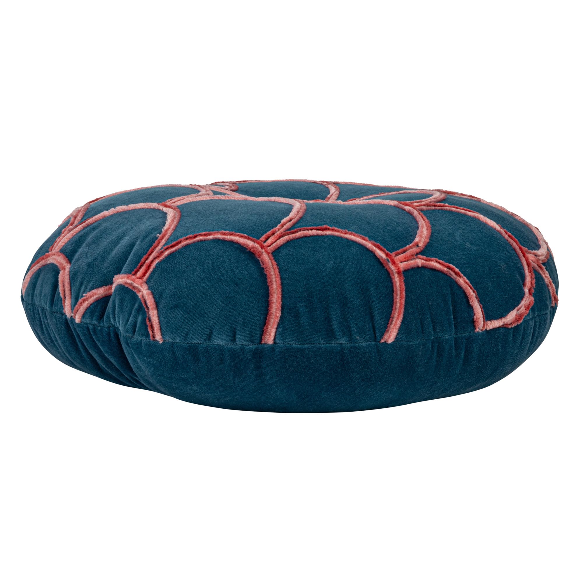 18 Inches Round Cotton Pillow with Tufted Scallop Pattern, Navy Blue and Pink