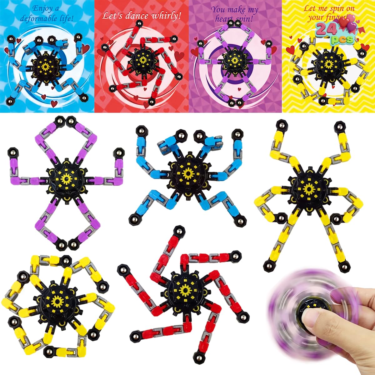 Anditoy 24 Pack Mechanical Transformable Fidget Toys with Valentines Cards for Kids Valentines Day School Class Classroom Gifts Prizes Exchange Party Favors