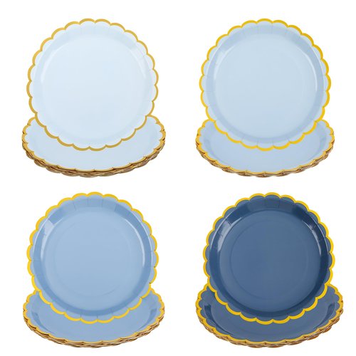 AimFun 48 Pcs Dusty Blue Scalloped Party Plates Gold Foil Border Paper Plates Disposable 9inch Gradient Serving Plates for Birthday Wedding Bridal Baby Shower Party Supplies