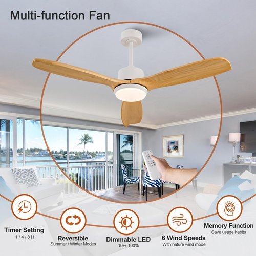 KBZZ 52 Inch Ceiling Fans with Lights and Remote, Solid Wood Blades, Dimmable, Reversible DC Motor, Memory Function, Modern Indoor Outdoor Ceiling Fan with Light for Patio Bedroom