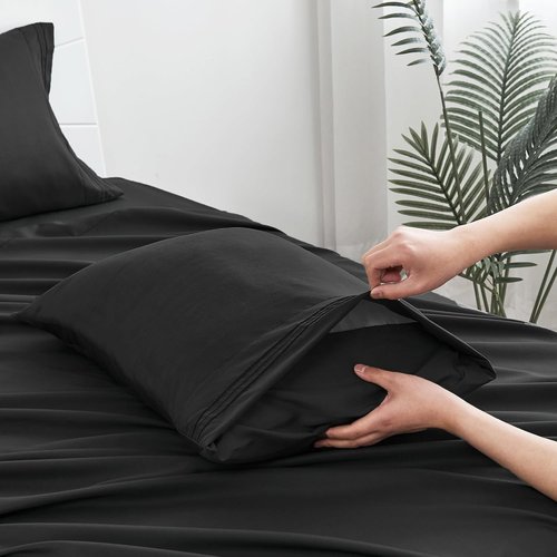 Linenline Full Sheet Set - Cooling Rayon Bamboo Sheets | 6-Piece Luxury Set, 16" Deep Pocket, Black