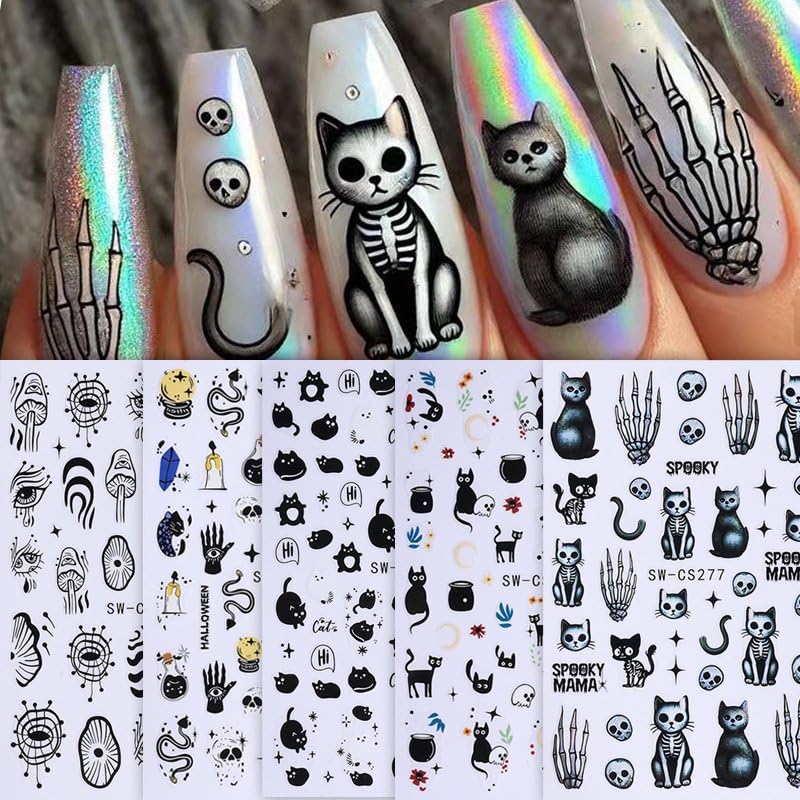 JUNCHAO 3D Embossed Halloween Nail Stickers Black Cat Skeleton Decals