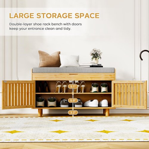 Shoe Storage Bench, Bamboo Entryway Bench with 2 Doors & Padded Seat Cushion, 35.4" W x 12.6" D x 19.7" H, 2-Tier Shoe Rack with Lift Top Hidden Storage, for Entryway, Living Room, Bedroom, Natural