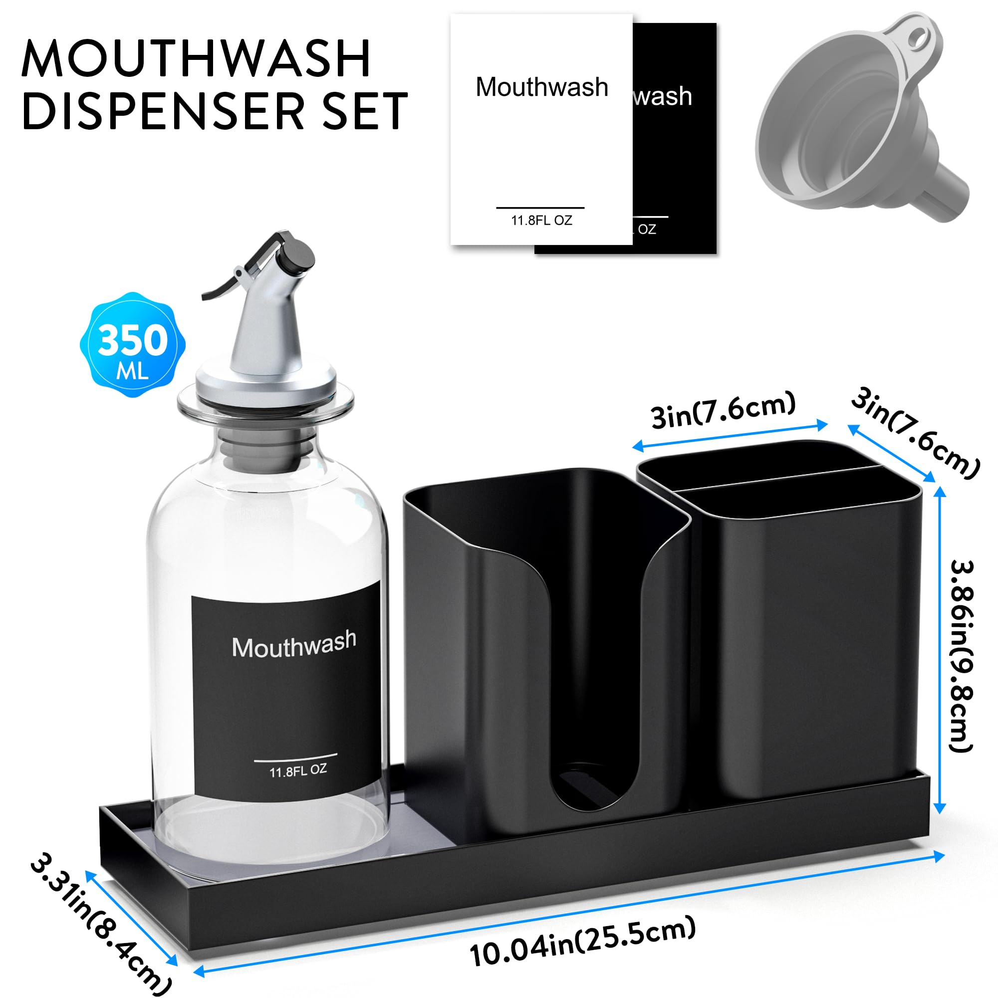 Moforoco Glass Mouthwash Dispenser with Toothbrush Holders, 11.8Oz Mouth Wash Bottle Container with Cup Holder, Funnel, Labels, and Drying Stone Tray, Bathroom Decor Accessories Set, Black