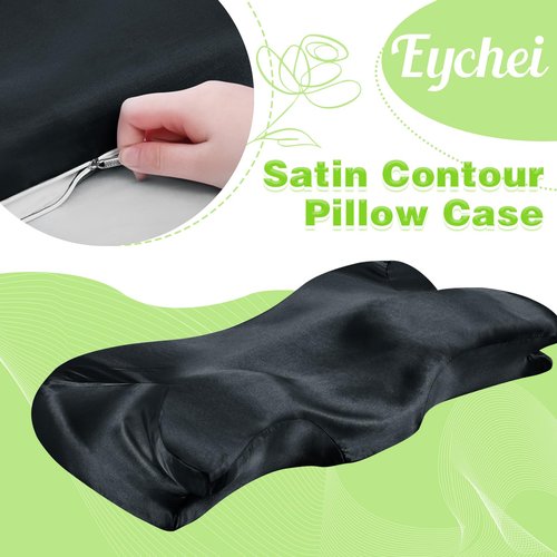Eychei 2 Pcs Satin Pillowcase for Cervical Pillow, Black Silky Cervical Pillow Case Contour Pillow Case Cover with Zipper, Smooth Ergonomic Pillowcase for Neck Pillow Cover