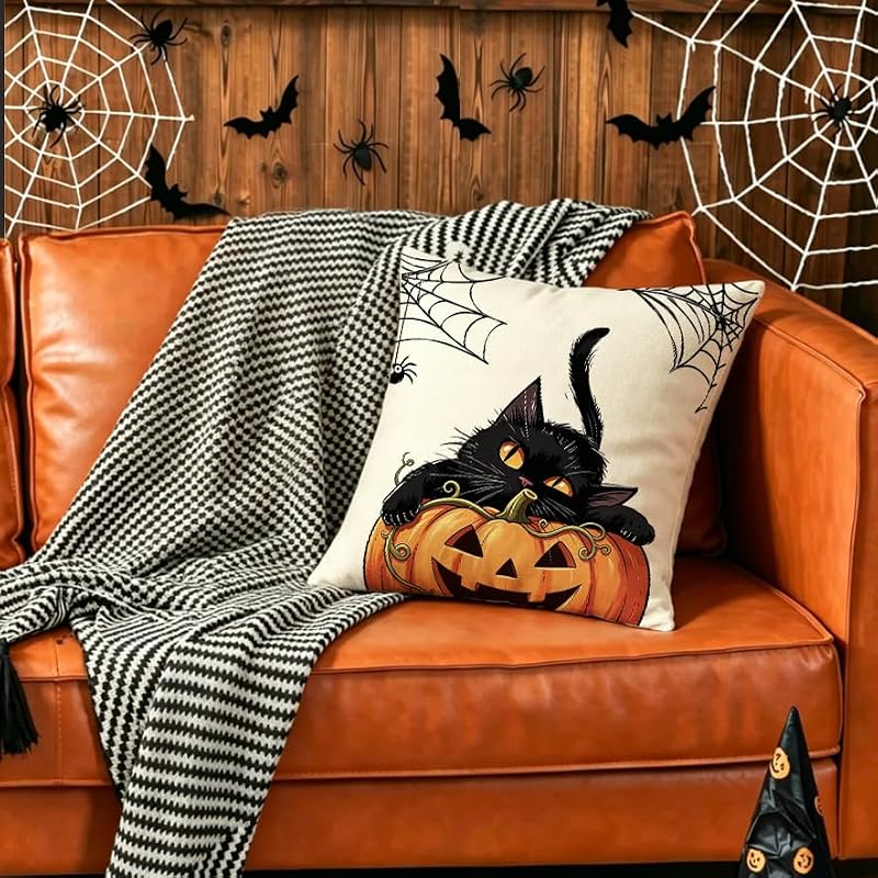RABUSOFA Halloween Pillow Covers 18x18 Black Cat & Pumpkin