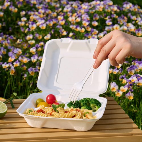 JOLLY CHEF Disposable Clamshell Take Out Food Containers, [8 * 8" 50-Pack] 3-Compartment Sugarcane Clamshell Takeout Boxes, 50-Pack To Go Boxes for Restaurants & Meal Prep