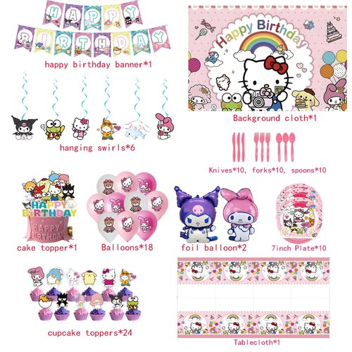 Cartoon theme party supplies,Kawai birthday decorations,Including banners, balloons, tablecloths, dinner plates, etc.