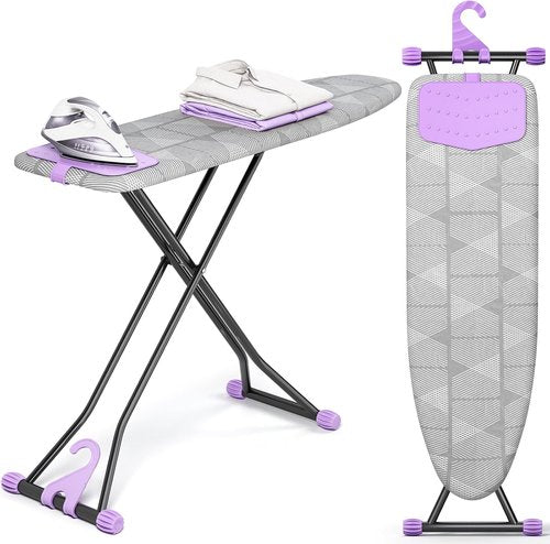 KINGBOARD Compact Ironing Board - Heat Resistant Cover & Silicon Iron Mat | 7 Height Adjustable, 13x43 Grey