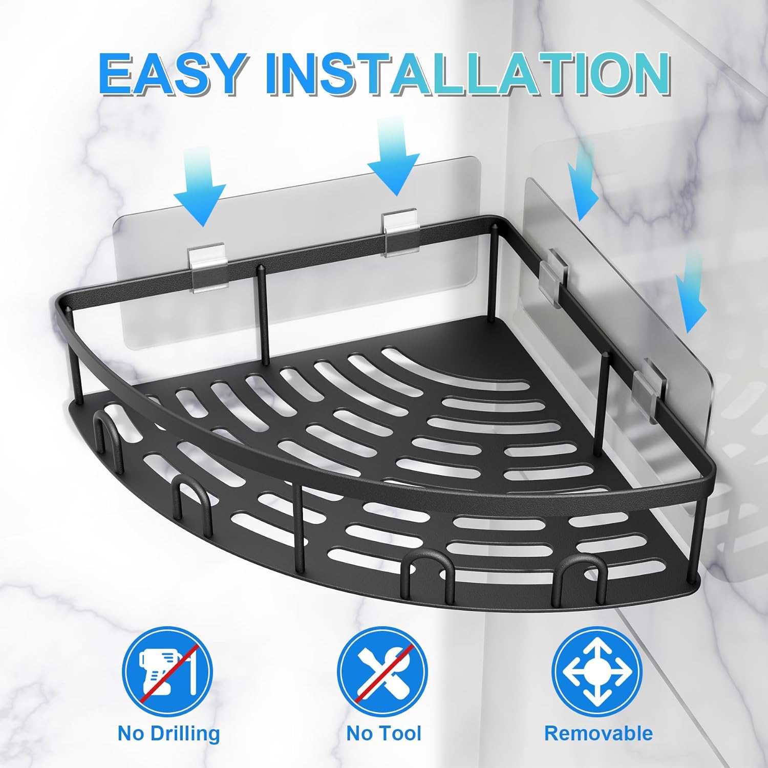 Skiennix Corner Shower Caddy - 2 Pack Adhesive Organizer Shelf | Rustproof Wall-Mounted Storage Rack (Black)