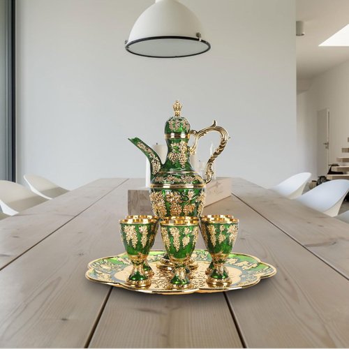 Vintage Turkish Tea Set with Metal Teapot, 6 Cups and Serving Tray, Gold Green, Traditional Coffee Serving Kit for Home
