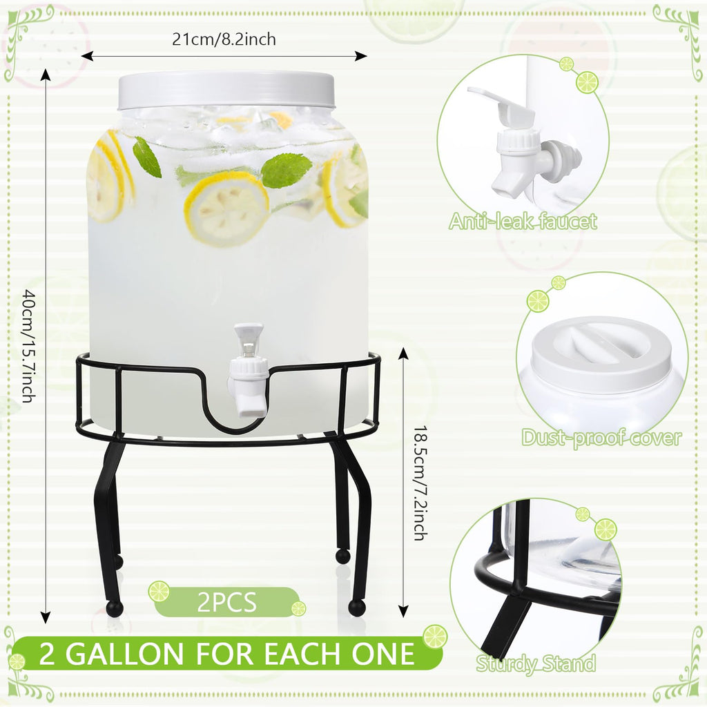 Tanlade 2 Pack 2 Gallon Plastic Drink Dispenser with Stand Beverage Dispenser with Sturdy Metal Base Juice Dispensers Drink Jar with Spigot for Weddings Parties Lemonade Tea Countertop