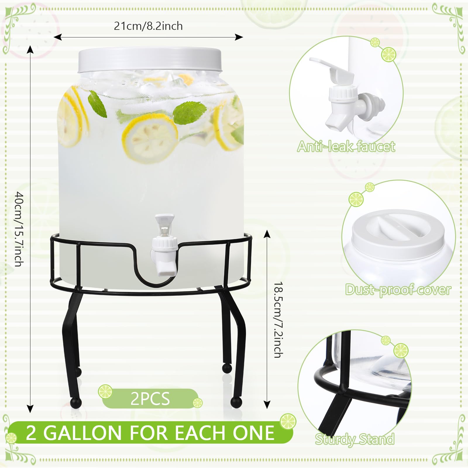 Tanlade 2 Pack 2 Gallon Plastic Drink Dispenser with Stand Beverage Dispenser with Sturdy Metal Base Juice Dispensers Drink Jar with Spigot for Weddings Parties Lemonade Tea Countertop