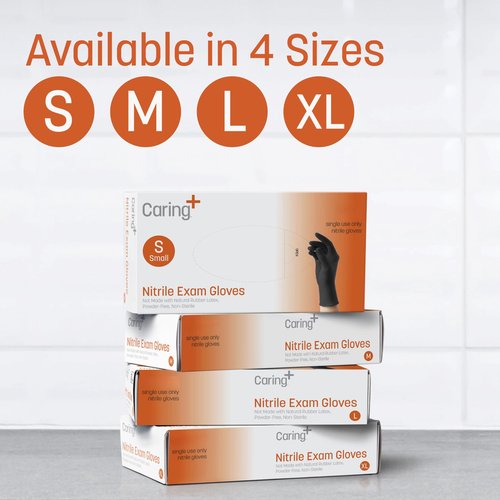 Caring Nitrile Exam Gloves, 50 Count, Powder Free and Not Made with Natural Rubber Latex, Gloves for Medical Use, Cleaning, Food Prep and More, Small, Black
