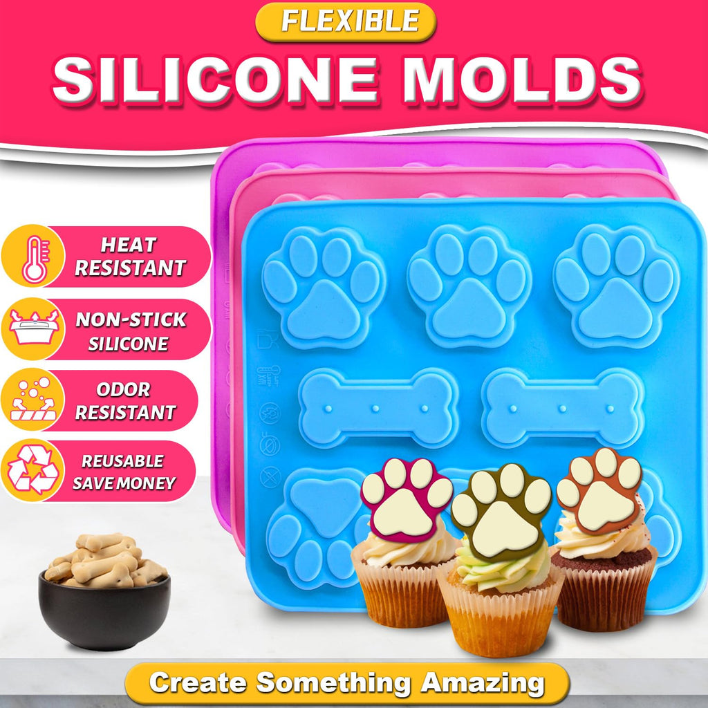 Ossryta 3Pcs Puppy Paw & Bone Silicone Molds - Non-Stick Candy Mold, Reusable Ice Cube Molds for Frozen Dog Treats, Chocolate, Jelly, Biscuit - Food Grade 2-in-1 Dog Treat Mold for Baking and Freezing