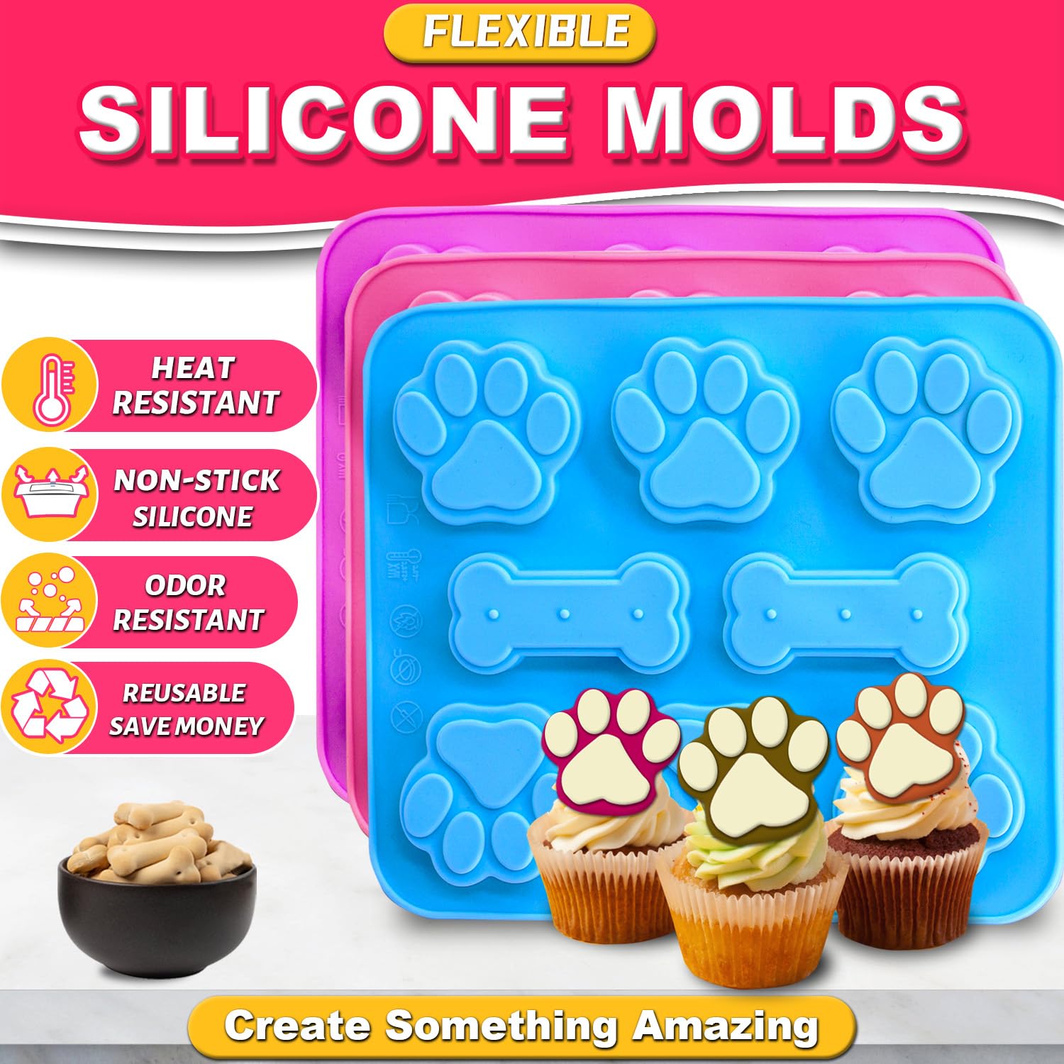 Ossryta 3Pcs Puppy Paw & Bone Silicone Molds - Non-Stick Candy Mold, Reusable Ice Cube Molds for Frozen Dog Treats, Chocolate, Jelly, Biscuit - Food Grade 2-in-1 Dog Treat Mold for Baking and Freezing
