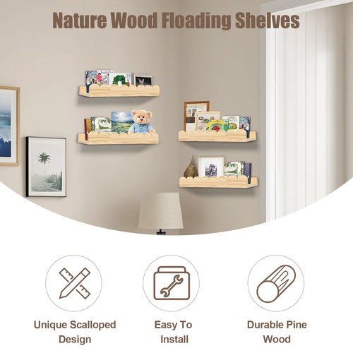 icnjdMopclean Nursery Book Shelves, Floating Shelves for Bedroom Kids, Scalloped Shelves for Wall 2 Pack, Nursery Decor, 16 Inch, Natural
