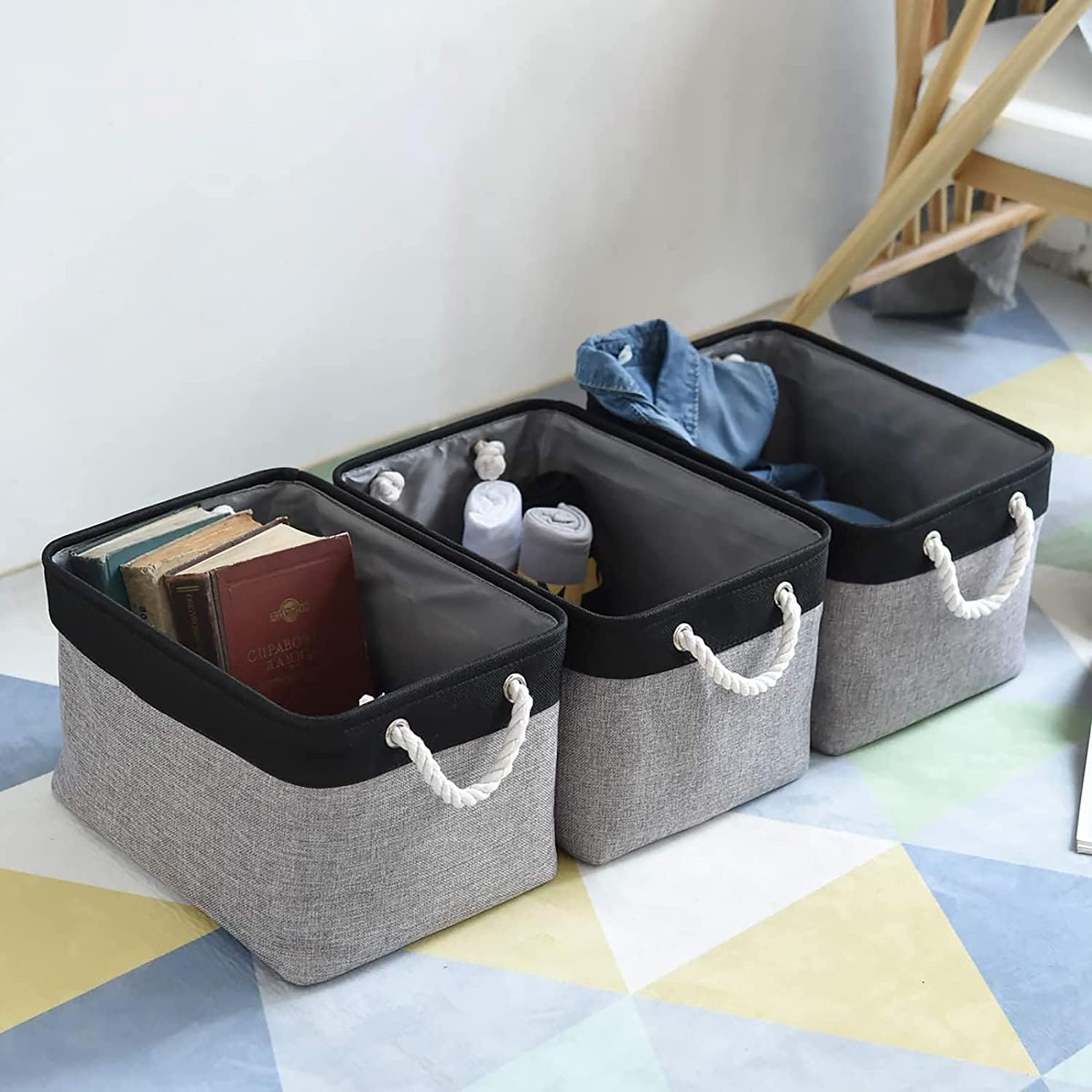 TheWarmHome Storage Basket - 16x12x8 Inch Fabric Organizer Bins for Laundry, Toys & More | Grey & Black