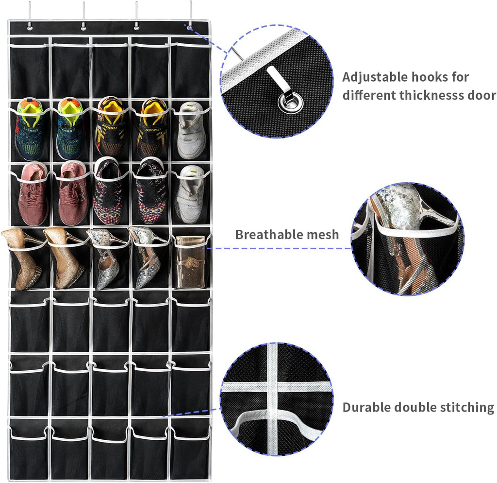 SAVERHO Over The Door Shoe Organizer - 35 Mesh Pockets for Maximum Storage | Black, 1 Pack