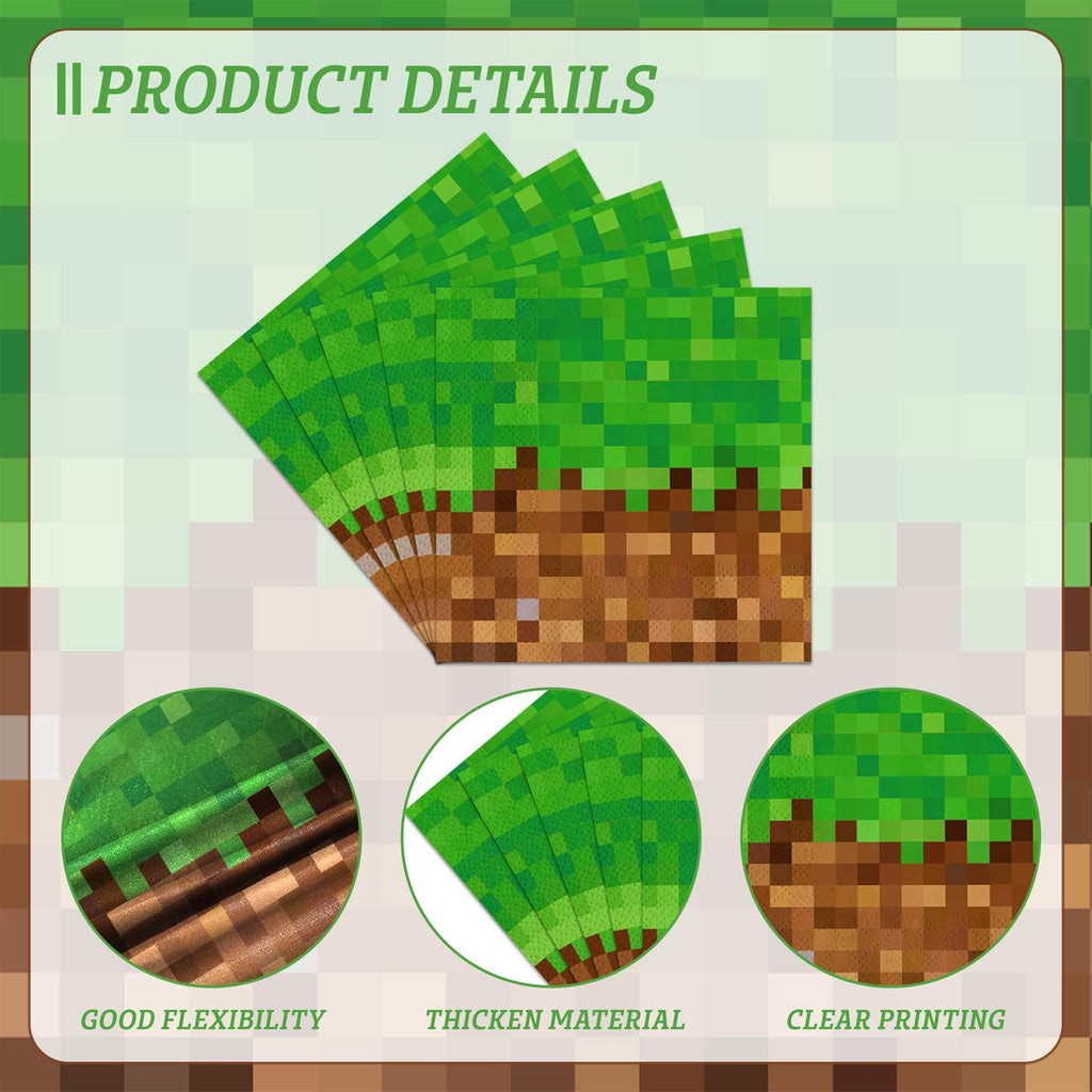 100Pcs Pixel Party Decorations Gamer Party Supplies for 25 Guests- Pixel Mining Craft Theme Disposable Birthday Party Tableware Pack Includes Plates, Napkins, Plastic Forks