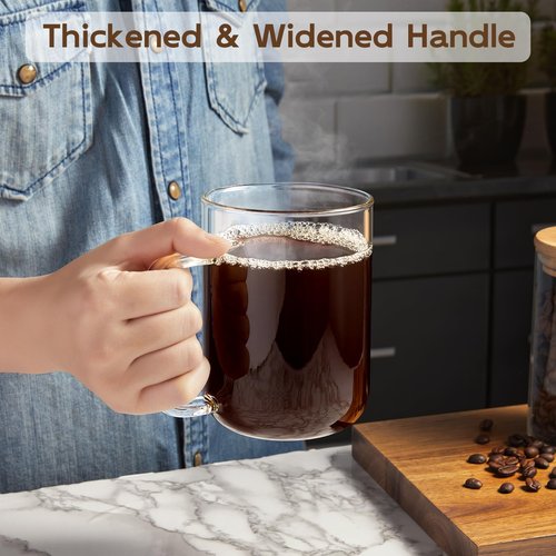 BWODYAY Glass Coffee Mugs, 20 oz Ice Coffee Cups Set of 6, Large Clear Tea Cups, Glass Mugs with Handles for Hot Beverages, Glass Cups for Latte, Cappuccino, and Tea