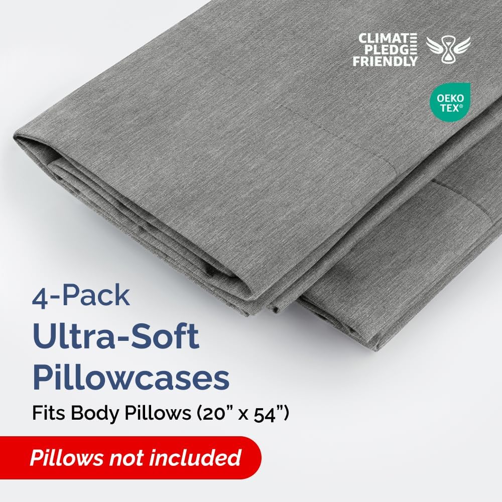 Skiennix Body Pillowcases Set of 4 | Soft & Breathable 20x54 Long Pillow Covers - Fade-Free & Machine Washable - Heathered Grey