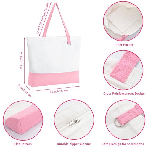 HWJH 1 Pack Canvas Tote Bag with Zipper, Blank Reusable Grocery Bags, Widened Washable Bag with Inner Pocket, Shopping Travel Large Tote Bags for DIY Heat Transfer, Christmas Craft Gift (Pink/White)