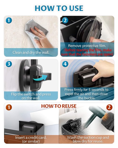 Onemake Suction Cup Shower Caddy, Suction Shower Shelf with Portable Hooks, Bath Organizer with Towel Bar for Bathroom Storage(Matte Black)