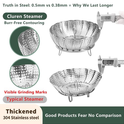 Cluren Steamer Basket for Cooking 304 Stainless Steel Entirely Thickened,Collapsible Steamer Insert for Pots, Fits Instant Pot/Skillets (5.5'' To 9.5'')