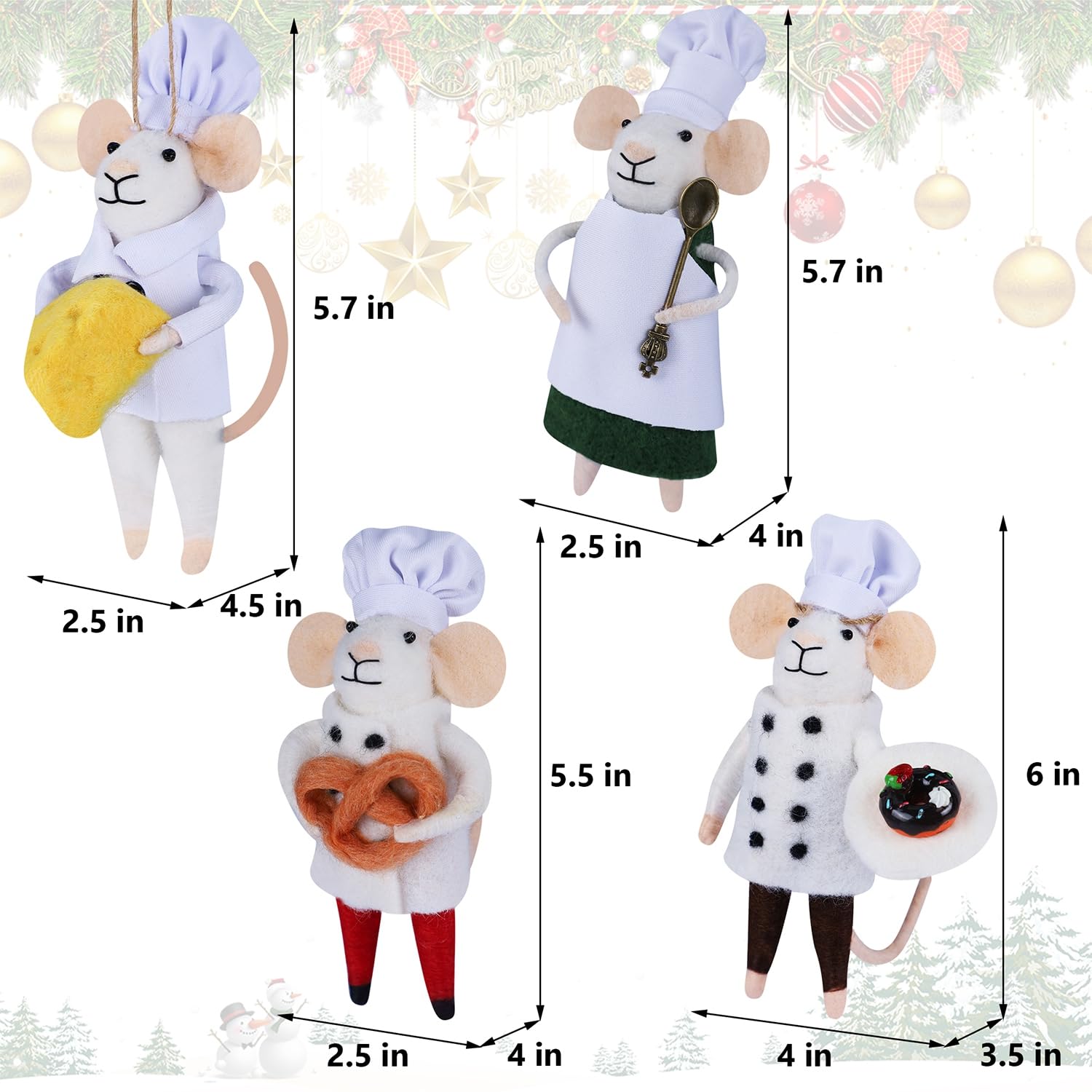 Watereem Set of 4 Christmas Felt Mouse Ornaments, 5.5" Mini Chef & Waiter Mice for Christmas Tree Wreath Hanging, Wool Xmas Tabletop Decor, Animal Crafts for Holiday Easter Gifts Party Supply
