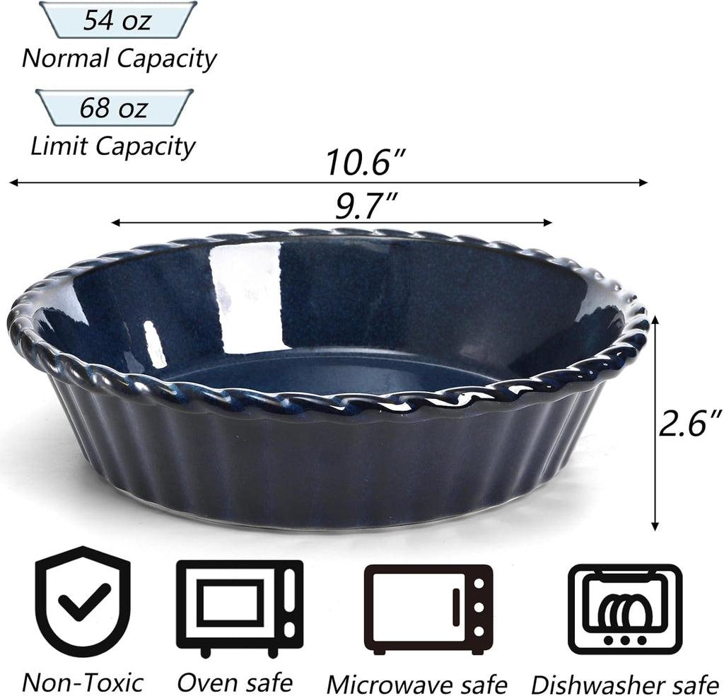 Peohud 10-Inch Deep Fluted Ceramic Pie Pans - 2 Pack Round Baking Dishes for Quiche & Pies | Blue