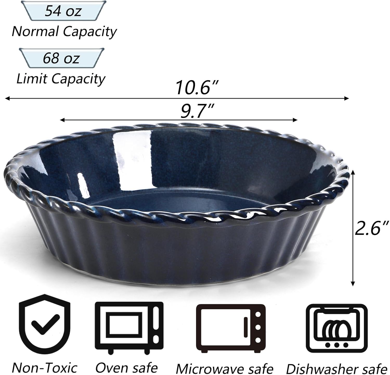 Peohud 10-Inch Deep Fluted Ceramic Pie Pans - 2 Pack Round Baking Dishes for Quiche & Pies | Blue