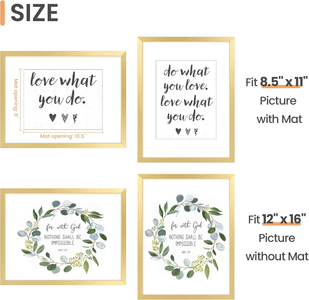 Upsimples 12x16 Picture Frame - Elegant Gold Wall Hanging Frame for 8.5x11 Photos with Mat