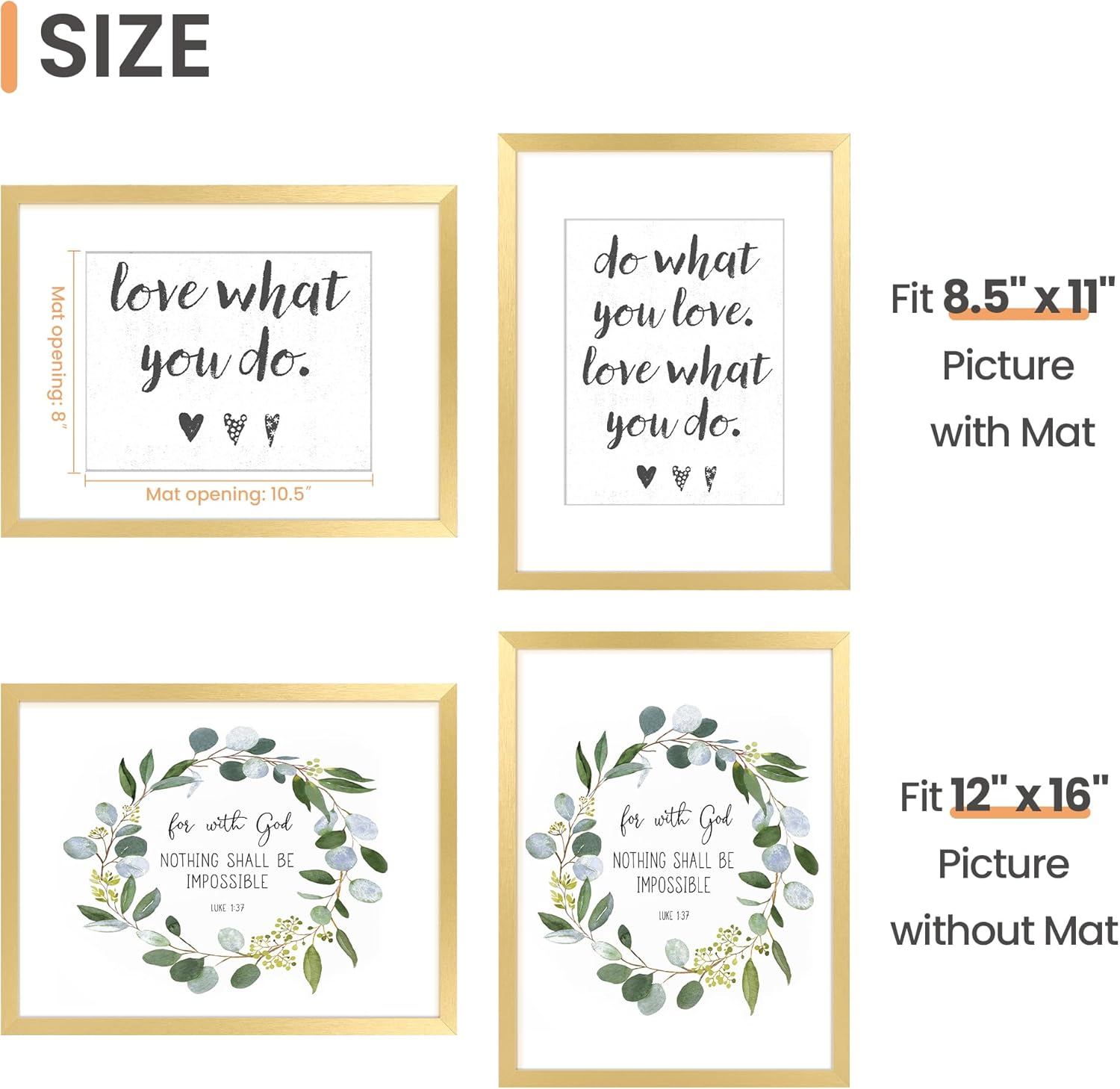 Upsimples 12x16 Picture Frame - Elegant Gold Wall Hanging Frame for 8.5x11 Photos with Mat