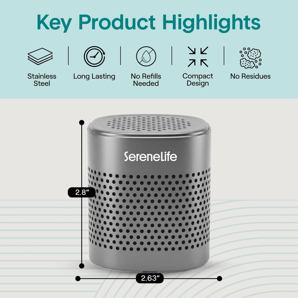 SereneLife Fridge Deodorizer - Multi-Use Aluminum Pod for Odor Elimination | Compact & Reusable, Lasts 10 Years (Gray)