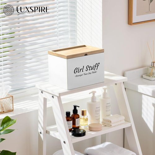 Luxspire Tampon Holder for Bathroom - Discreet Feminine Product Organizer with Lid & Wood Pad, Shark Week Tampon Storage Box, Stylish Girl Stuff Organizer for Bathroom, White