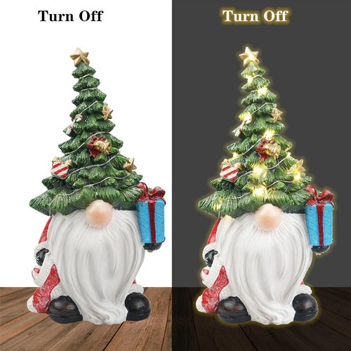 Lighted Christmas Tree Gnome Decoration - 11-Inch Resin Figurine for Festive Indoor Holiday Decor