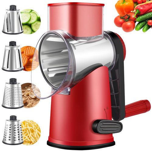 Weltonhm Rotary Cheese Graters with 4 Blades, Hand Crank Cheese Grater with Waffle Slicer, Red, Black and White Cheese Shredder with Suction Base, Easier for Shredding & Grating (Red, 4 Graters)