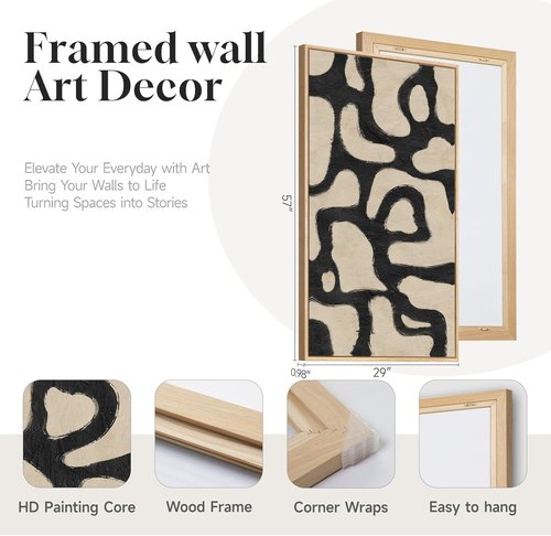 Framed Neutral Abstract Wall Art - Extra Large Black & Beige Canvas Print for Living Room | 30x60 Inch